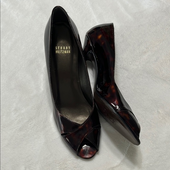 Stuart Weitzman Women's Dark Brown Peep Toe Heels - Picture 2 of 10